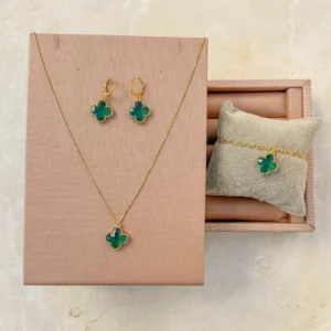 CONJUNTO 3 PEÇAS TREVO INSP. VANCLEEF PEDRA VERDE ESMERALDA LAPIDADA.
