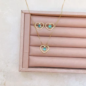 CONJUNTO CORAÇÃO COLAR E BRINCOS COM PEDRAS DE ZIRCÔNIAS VERDE TURMALINA