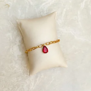 PULSEIRA CORRENTE ELOS OVAIS COM PEDRA GOTA ZIRCÔNIA VERMELHO RUBI