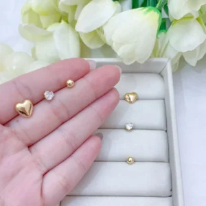 Brincos Trio Coração Liso Ponto De Luz Coração E Esfera