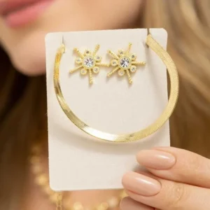 CONJUNTO COLAR FITA MALHA E BRINCO ESTRELA ZIRCÔNIAS CRISTAL