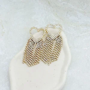 Brinco Franja Longo Coração Zircônias Strass