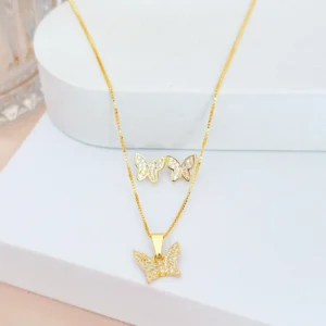 CONJUNTO BRINCO E COLAR BORBOLETA ZIRCÔNIA CRAVEJADA