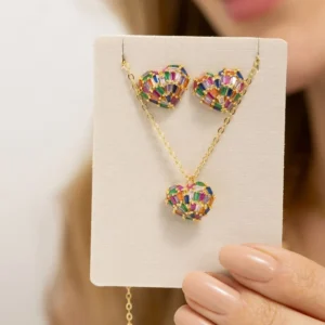 Conjunto colar e brinco coração zircônias coloridas