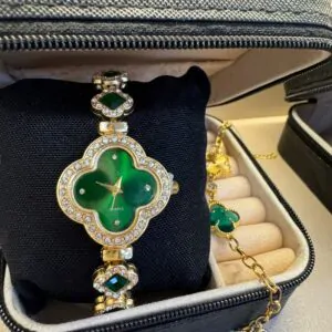 Relógio Watch Aço Inox Trevo Cravejado Verde