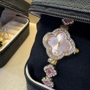 Relógio Aço Inox Trevo Cravejado Rosa